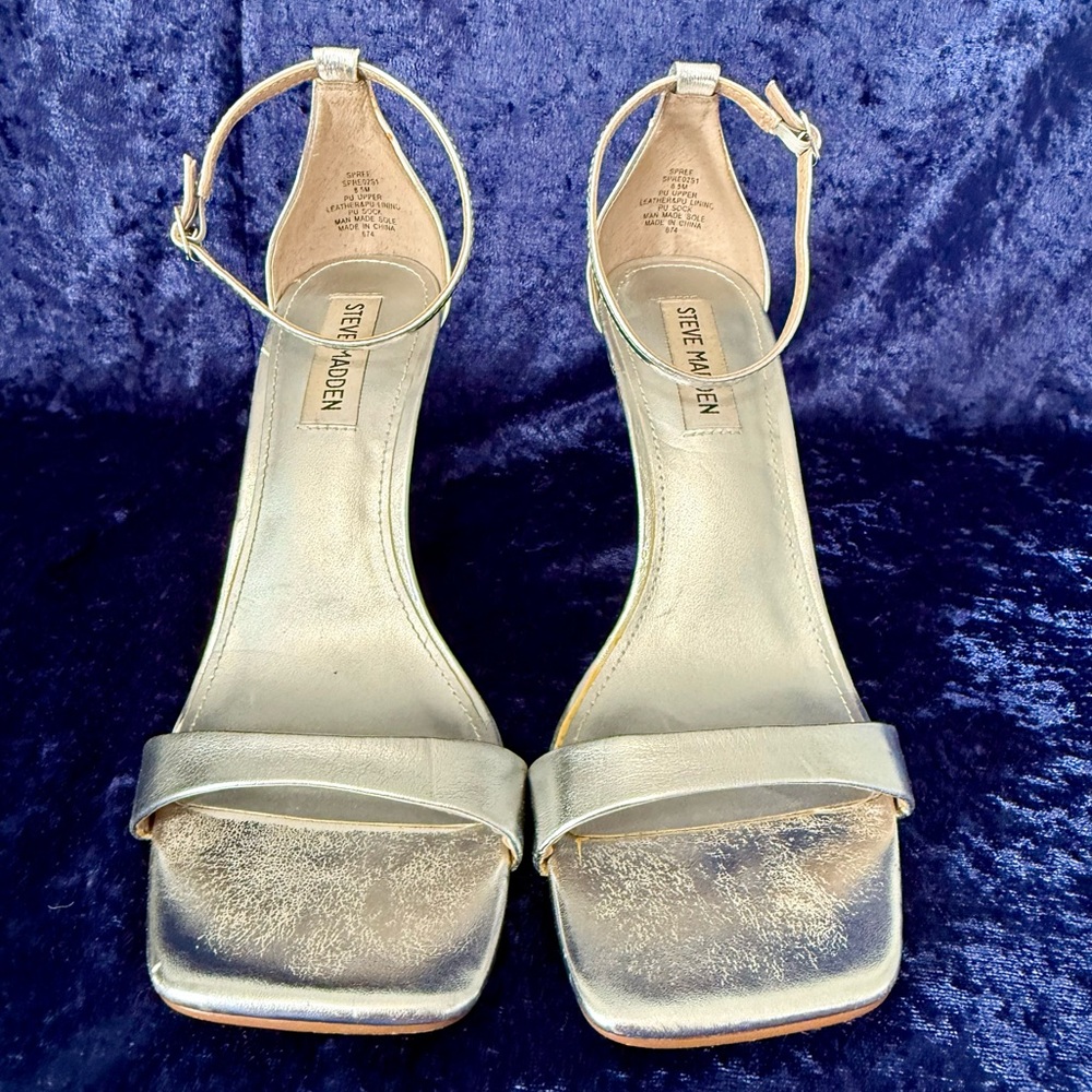 Steve Madden "Spree" Silver High Heel Shoes With Adjustable Ankle Buckle Sz-8.5M